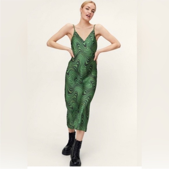 Zara Dresses & Skirts - Zara Lara Psychedelic v-neck satin green Midi Slip Dress XL